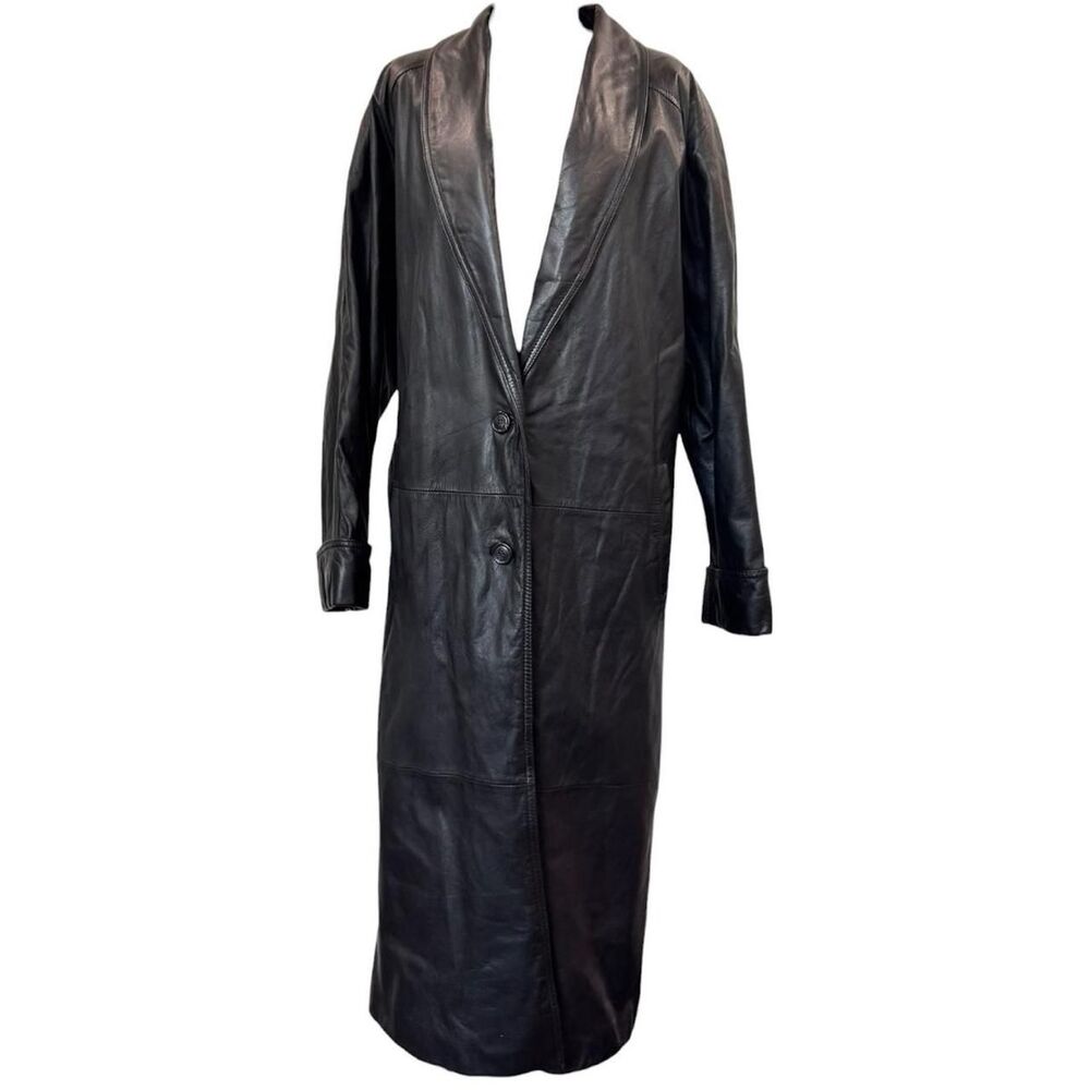 Vintage 90s Spiegel Genuine Black Leather Trench Coat size 14